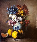 Famous Fruit Paintings - A Still Life with a Vase of Flowers and Fruit